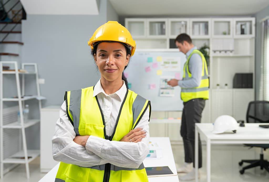 A contractor smiles at the camera with her arms folded while a colleague looks at a whiteboard behind her