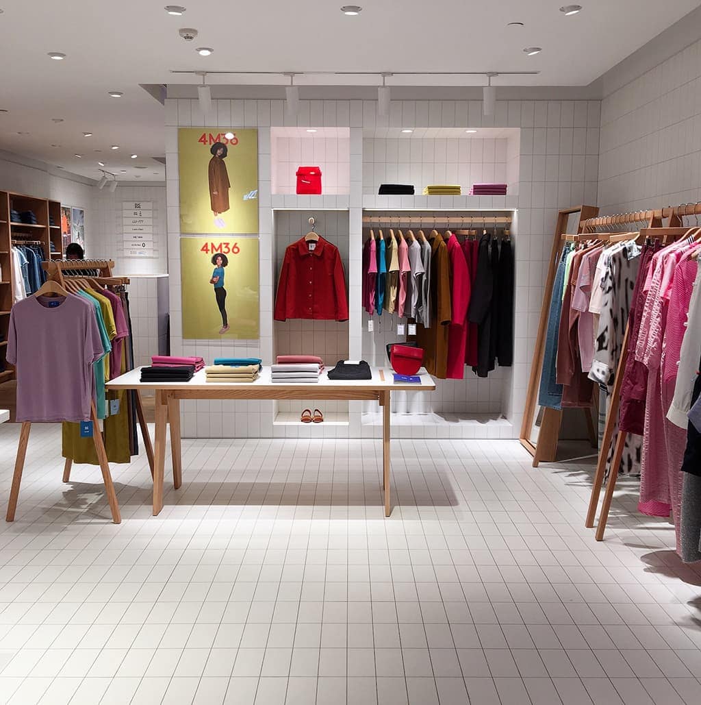Clothing displays inside a fashion retail store